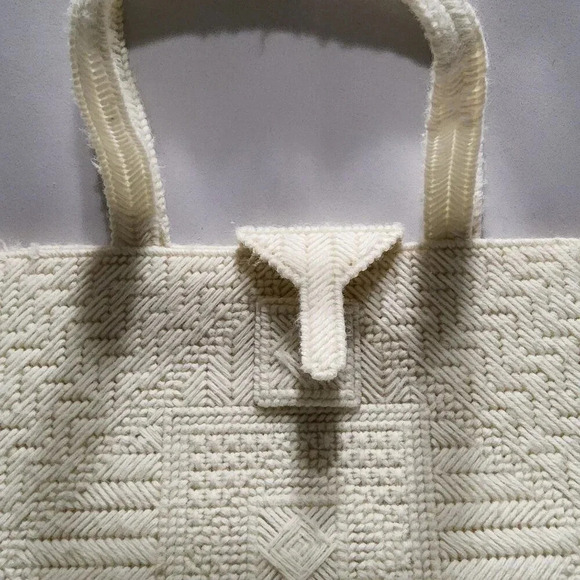 Vintage Needlepoint Plastic Canvas Tote Bag Ivory - Picture 3 of 10